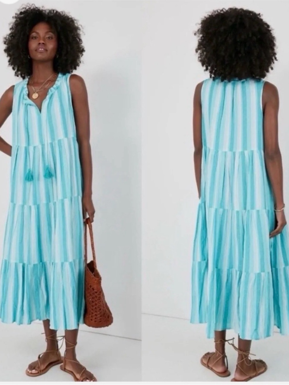 Tuckernuck Salty Paloma Aquamarine Stripe Tiered Caftan Maxi Dress XS Cotton - Picture 8 of 9